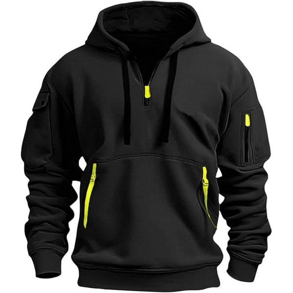 Men's Tactical Quarter-Zip Hoodie – Vintage-Inspired Pullover with Pockets. Rugged Military-Style Sweatshirt for Workouts and Everyday Wear